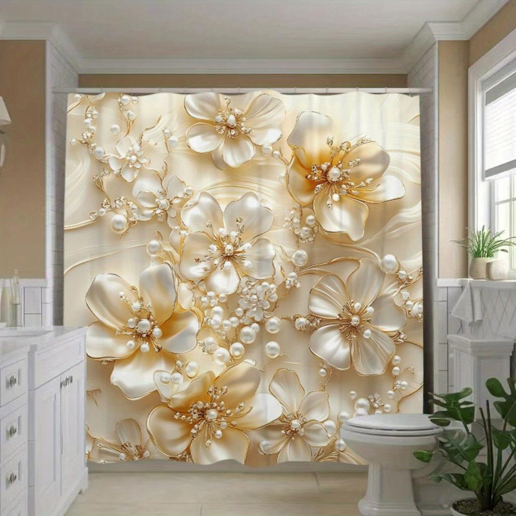 1Pc Pearl Flower Hidden Danger Pattern Shower Curtain, Polyester Fabric, Machine Washable, Suitable For Bathroom Decoration