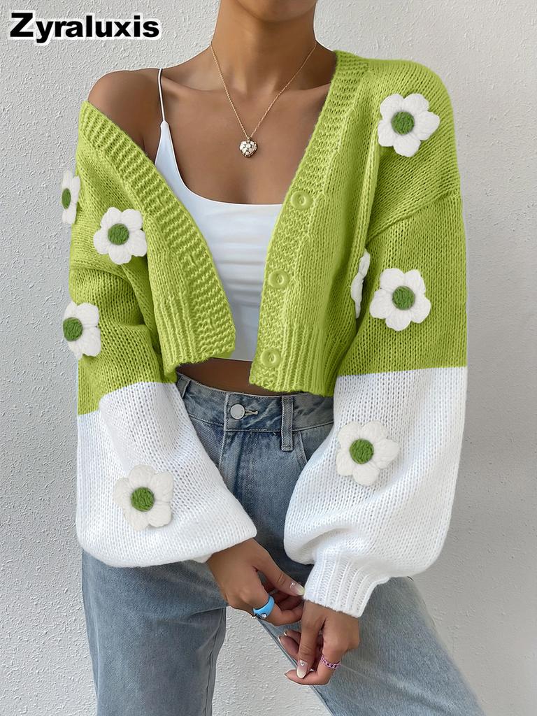Vintage Knitted Overshirt, Solid Color Floral Element Knit Sweater