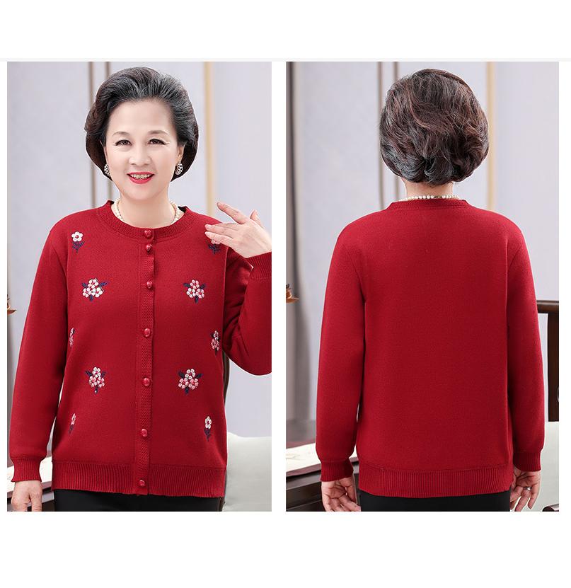 Podzimní a zimní svetr s dlouhým rukávem Plus sametový teplý pletený svetr Matka středního a staršího věku Vyšívané zapínání Košile Kabát Ženy