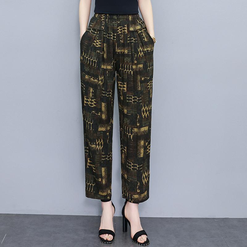 Pantalons pour femmes taille haute grande taille, pantalons amples vintage d'été, taille élastique, vêtements pour femmes d'âge moyen