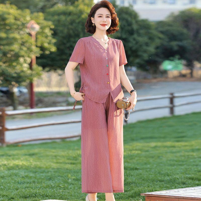 

Elegant Summer Two-Piece Set for Women: Short-Sleeved Top & Casual Wide-Leg Pants 4XL (suggested 130-145 jin)