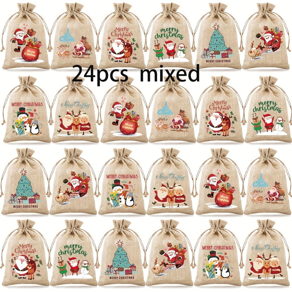 8/24pcs Gift Bags with Drawstrings, Mixed Pattern Linen Christmas Bags for Xmas Holiday New Year Party Favors Supplies