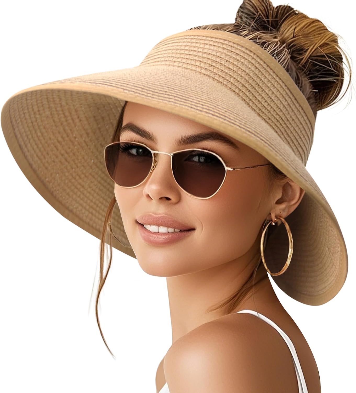 Zealous Sole Women's Wide Brim Straw Beach Hat For Packable Foldable Upf 50+ Sun Visor Ponytail Travel Hat Cm