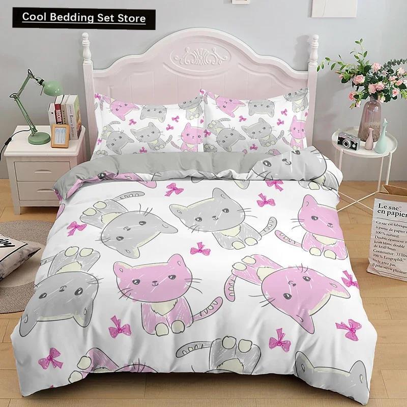 3PCS Single-sided Printed Bedding Set ,Comforter Cartoon Cute Cat Duvet Bedding Cover Pillows Comfortable Bedspreads BeddingSet