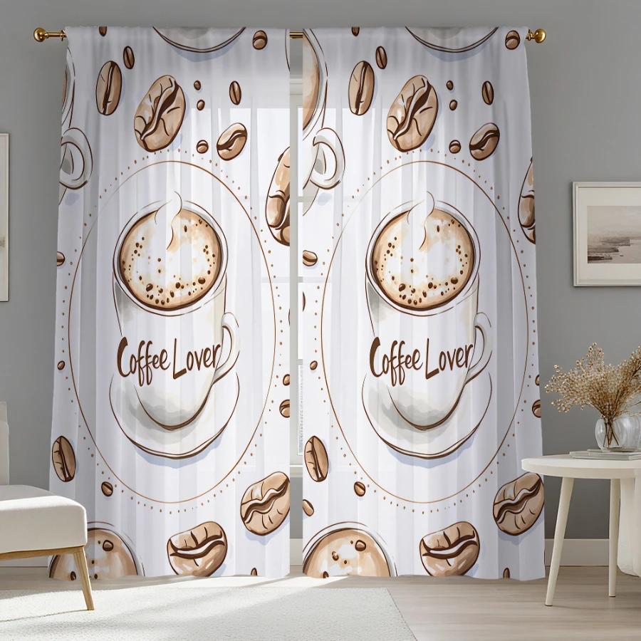 2PCS Digital Print Sheer Curtain, Coffee Life Cafe, Cozy Warm Lifestyle - Voile Drapes for Home Bedroom Living Room Decor