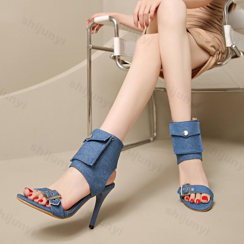 Fashion Summer Pointed Toe Open Toe Stiletto Cooling Boots Fashion Metal Belt Buckle Side Zipper Non-Slip Wear-Resistant High Heels