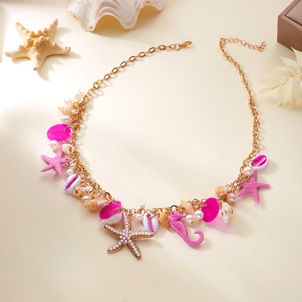 Y2K Unique Ocean Theme Necklace for Women Gold Color Chain Seahorse Starfish Pendant Maximalist Jewelry Dopamine Gift Party