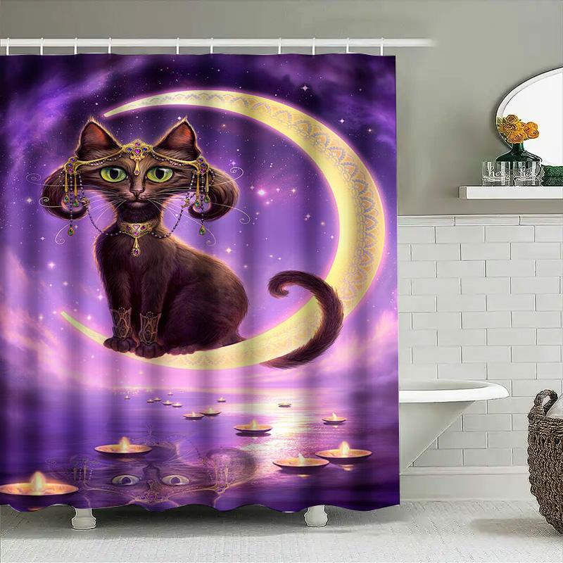 Magical Moonlit Cat Shower Curtain Purple Yellow Lighting Design With Candle Reflections For Bathroom Decorations.