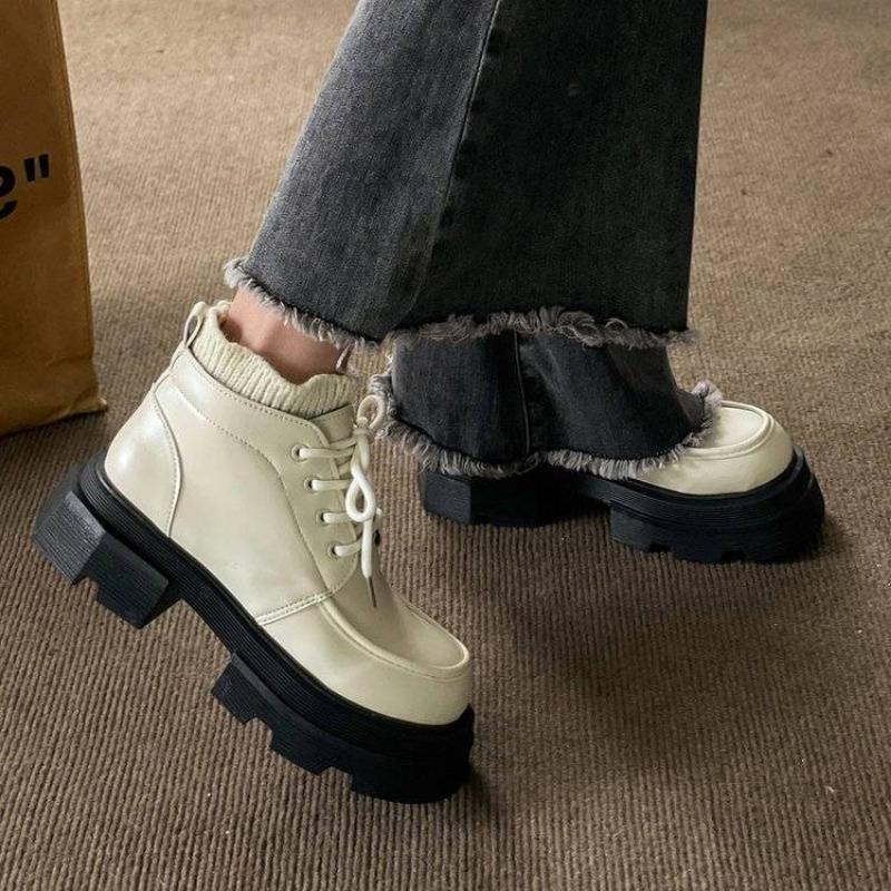 Footwear Combat Short Shoes for Women Punk Style Booties Round Toe Platform Chunky White Female Ankle Boots Goth High Quality Pu