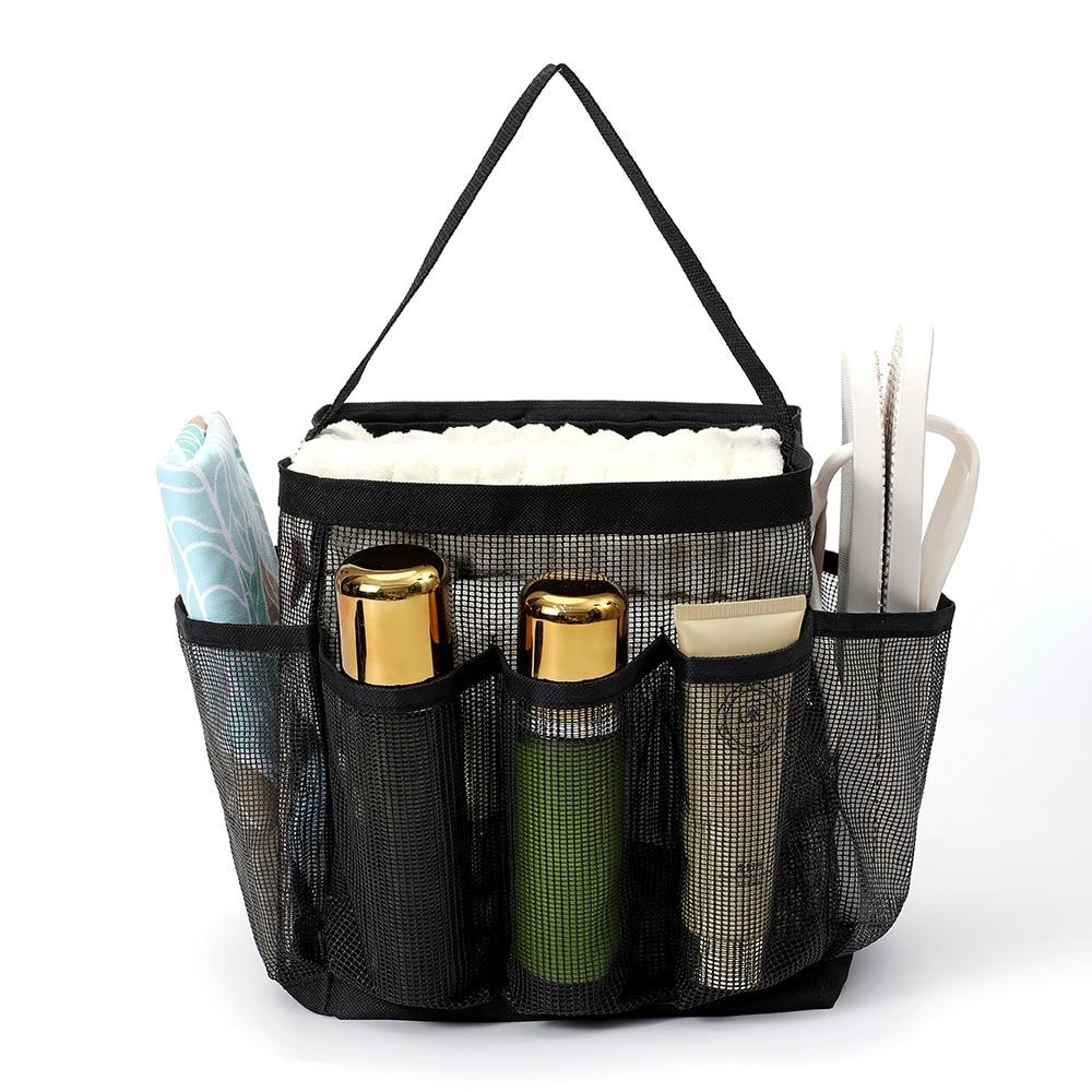 Large Capacity Portable Bathroom Organizer 8 Pocket Textile Hanging Bag for Dorm Shower Bedroom Gym Beach 22x22x25cm Black