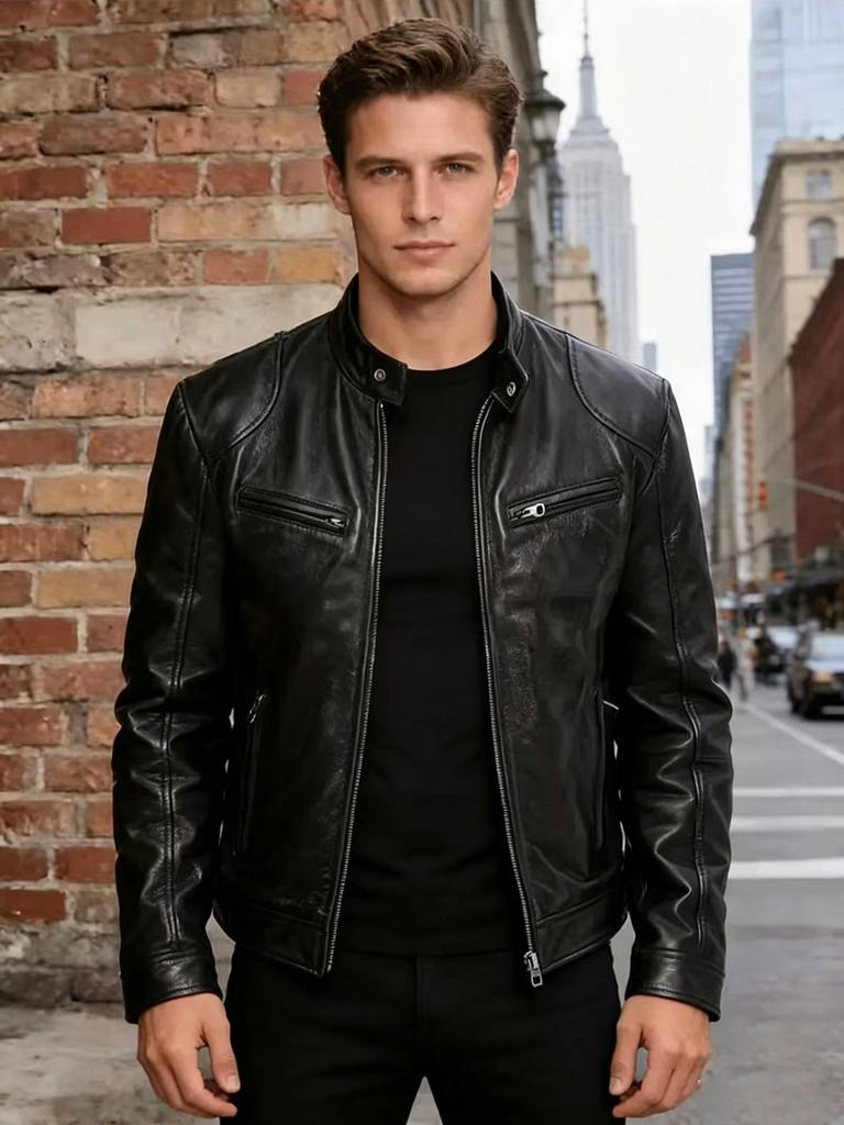 Men's slim-fit PU leather jacket stand-up collar locomotive jacket autumn and winter trend short jacket fashion casual leather jacket