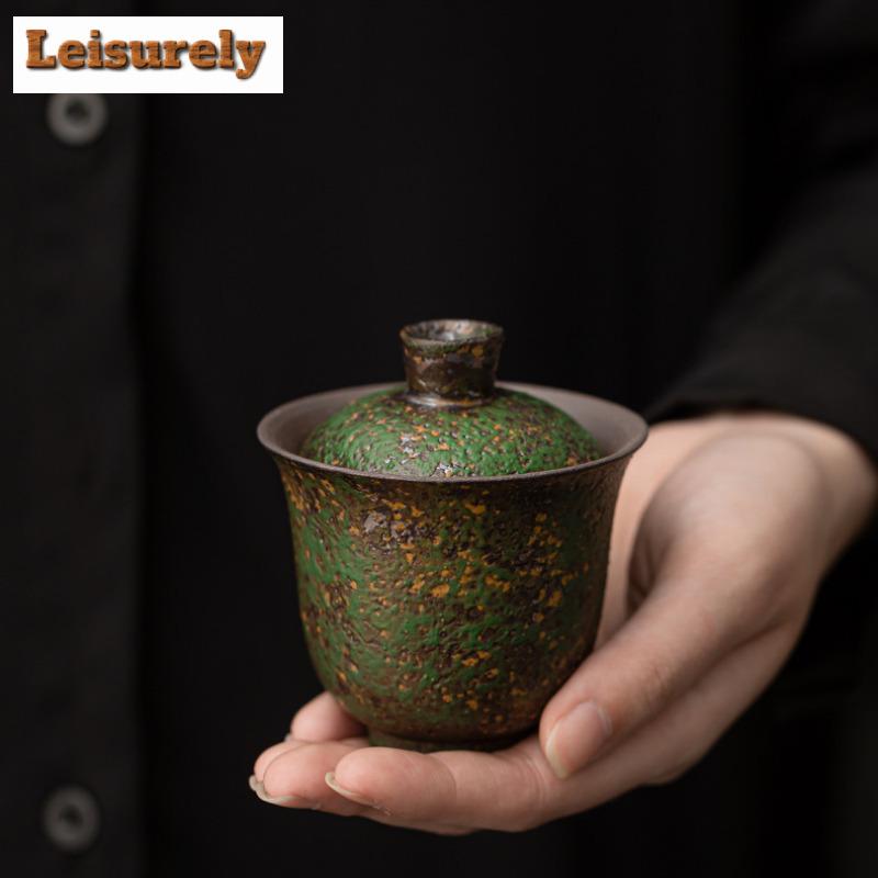 130ml Kiln Fambe Old Rock Clay Fairy Trail Green Gaiwan Ancient Tea Tureen Tea Bowl With Lid Kit Tea Maker Cover Bowl Cafes Gift