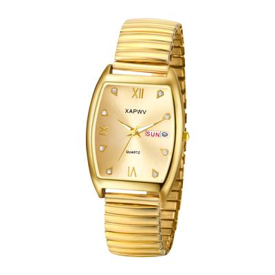 Par de relógios dourados 3ATM à prova d'água em aço inoxidável com alfabeto romano e mostrador analógico, relógio de casal com quartzo e diamante dourado, pulseira masculina para presente de dia -