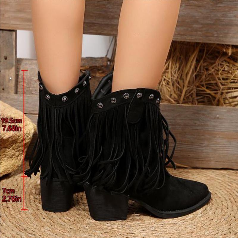 Fashion Suede Tassel Western Cowboy Boots Women 2025 Autumn Pointed Toe Vintage Rivet Ankle Boots Woman Chunky High Heels Short Boties