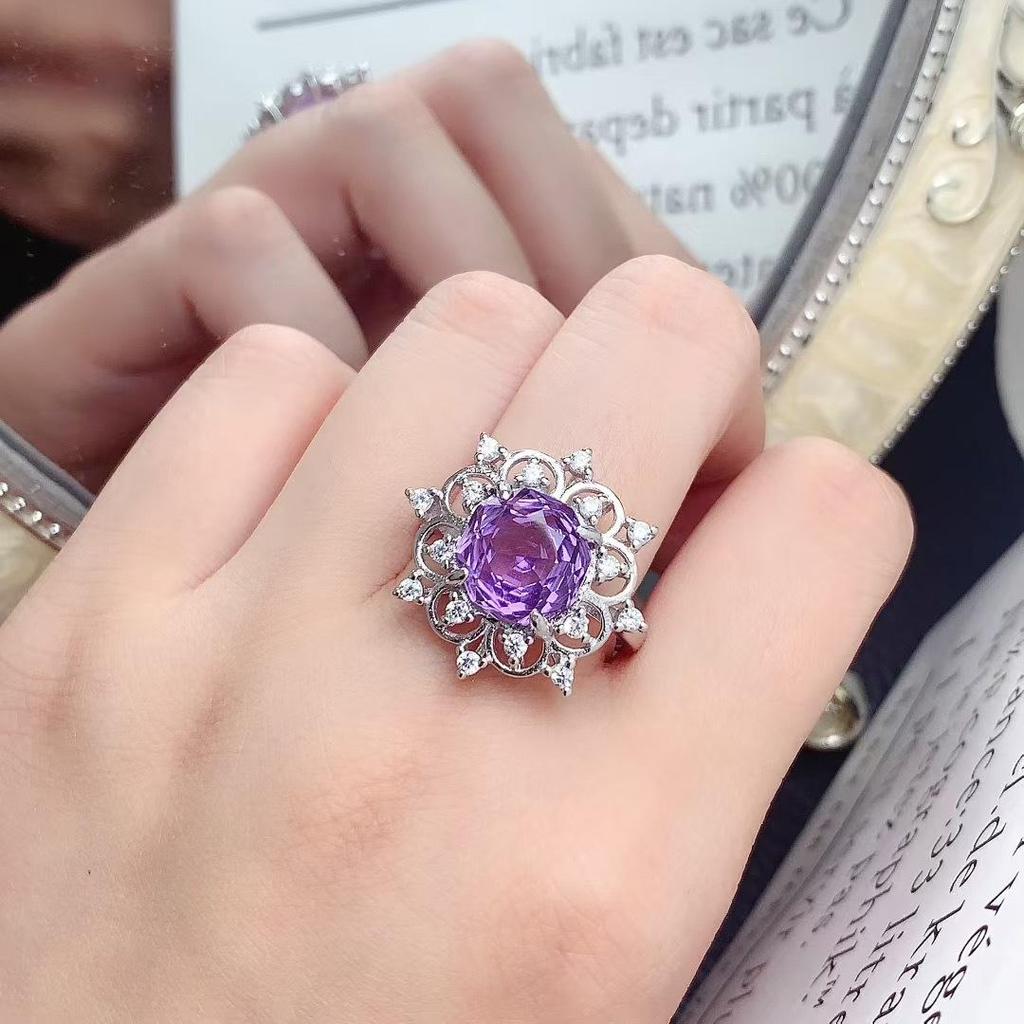 18K Gold Inlaid Amethyst & Citrine Ring, 925 Silver Electroplated, Rose Cut Faceted for Index Finger.