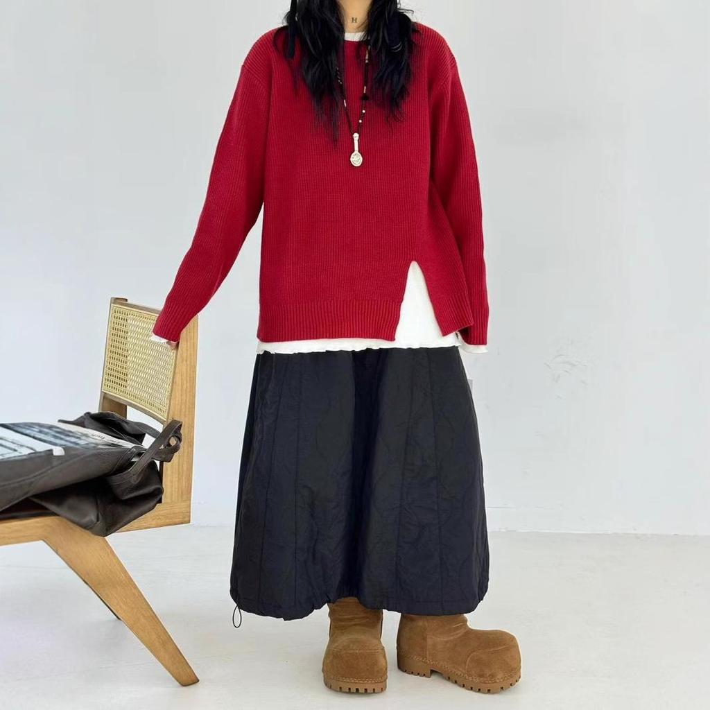 Becabeau Women's Winter Loose Knit Sweater, Plus Size, Korean Casual Style, Split Design, Crew Neck