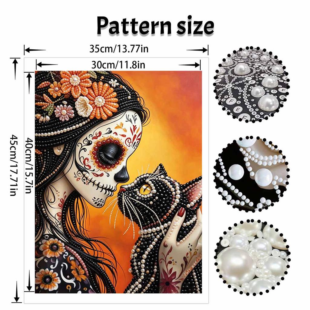 DIY Frameless Pearl Art Kit Sugar Skull Cat Design 3D Bead Painting Canvas Relaxing Handmade Craft for Home Decor Wall Art Gift
