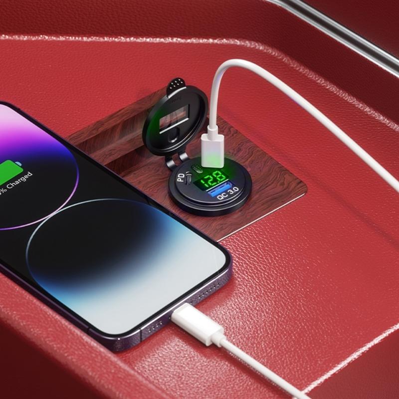 USB C Car Charger Socket 45W Type C 18W USB with LED Digital Display Fast Charger Socket for Motorcycle Trucks