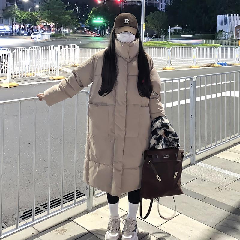 Womens Long Winter Coat Over-Knee Thick Puffer Cotton-Padded Outerwear Slim Fit Hoodless Stand Collar