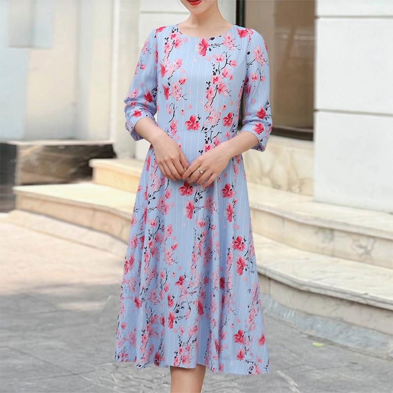 

ZANZEA Женское элегантное летнее платье с цветочным принтом, с круглым вырезом и рукавами 3/4 5XL синий