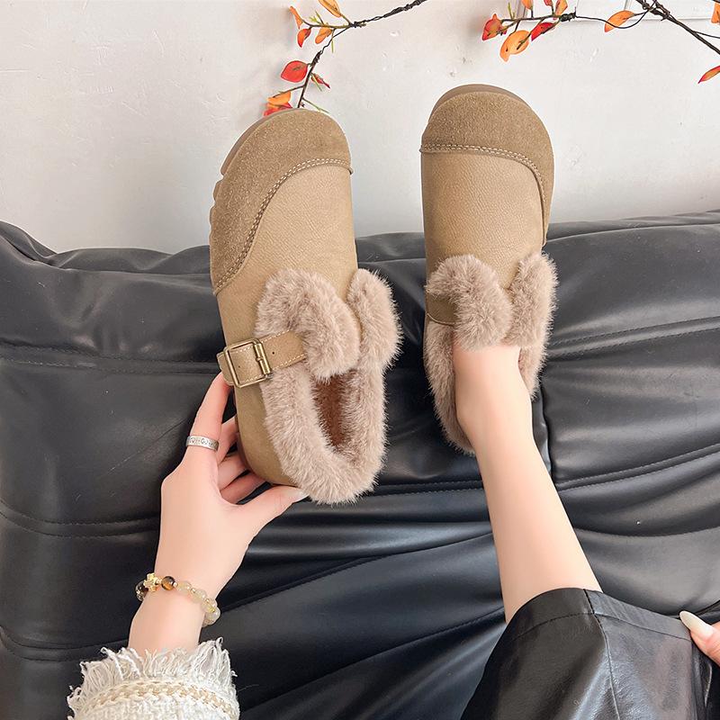 Autumn and Winter Footwear Plus Size Retro Plus Velvet Round Head Flat Bottom Warm Cotton Shoes Women's Shoes