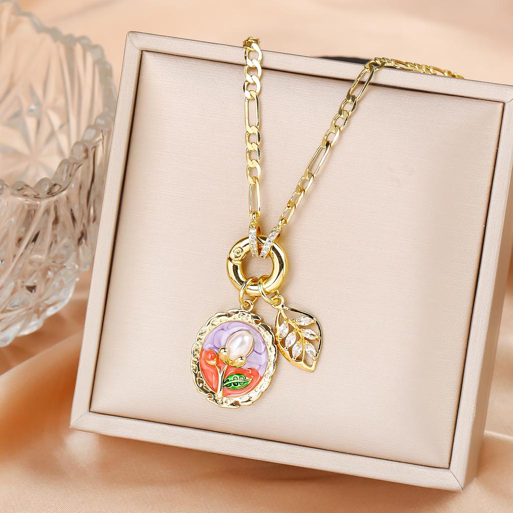 Hot Sale Metal Oil Drop Ocean Series Flower Pearl Leaf Pendant Necklace Charming For Woman Girl Casual Vacation Jewelry Gift