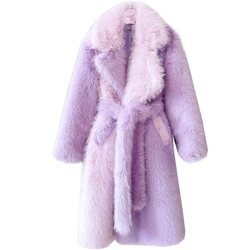 Faux Fox Fur Long Coat Women Irregular Hem Blazer Collar Colorblock Winter Jacket