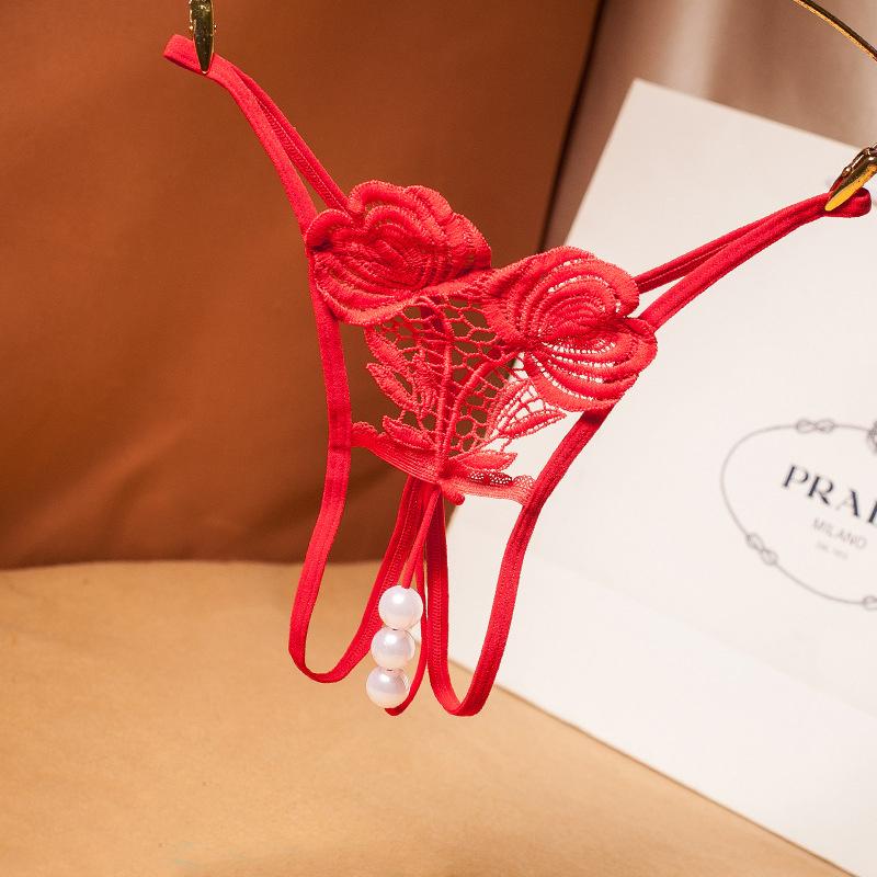 Sexy spodní prádlo Krajkové kalhotky Duté perleťové Jacquard Kalhotky s otevřeným souborem Nízký pas Elastické Temptation Jedno provazové květinové rozkrokové tanga