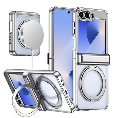 Metal Folding Rotation Stand Clear Phone Case For Samsung Z Flip 6 ZFlip 5 Flip6 Plated Frame Flip Hinge Protective Cover