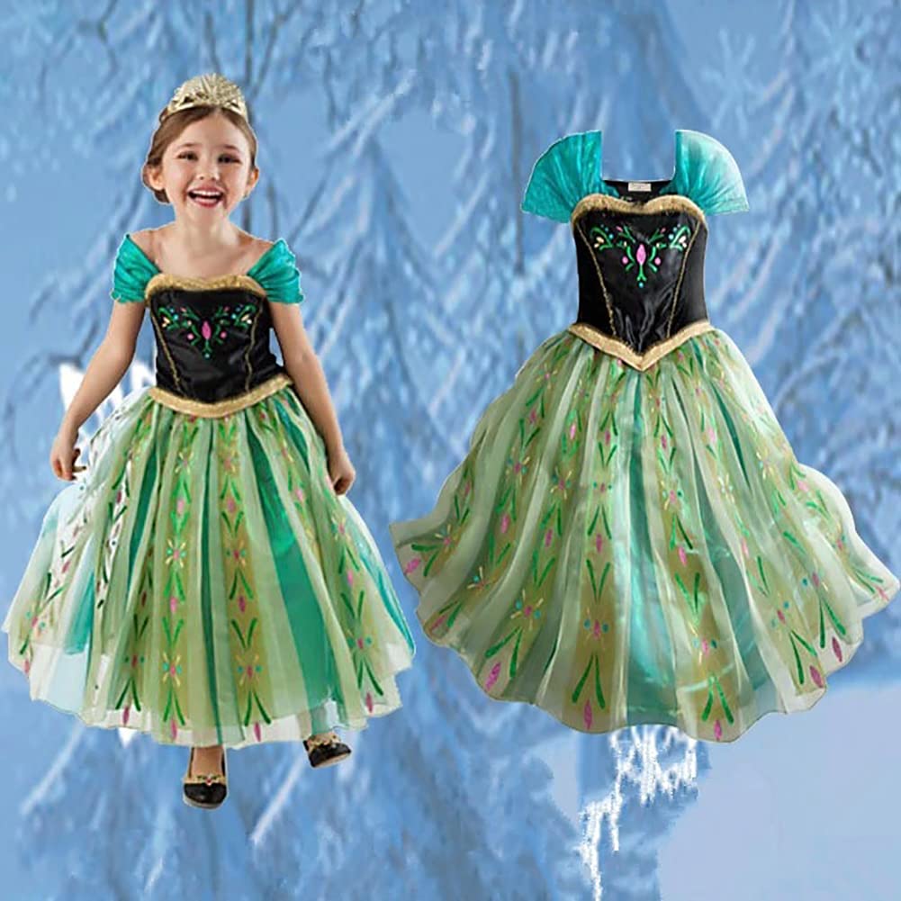 Kids Princess Elsa Dress Costume Frozen Elsa Dress Luxury Set Green Heart Magic Braided [YITING] 5-Piece - (Princess Dress, Tiara, Wand, Gloves, Wig)