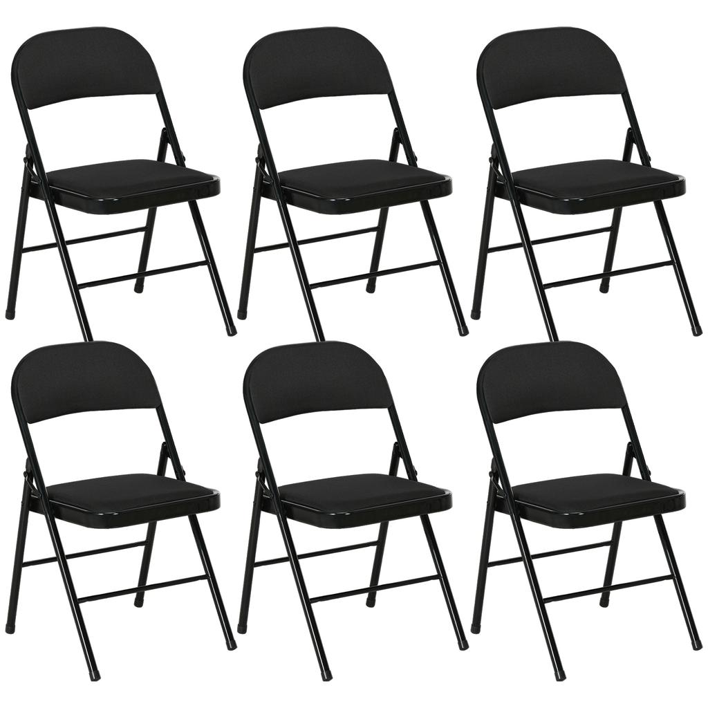 Set of 6 Folding Chairs with Padded Seat in Polyester and Steel Structure, Black
