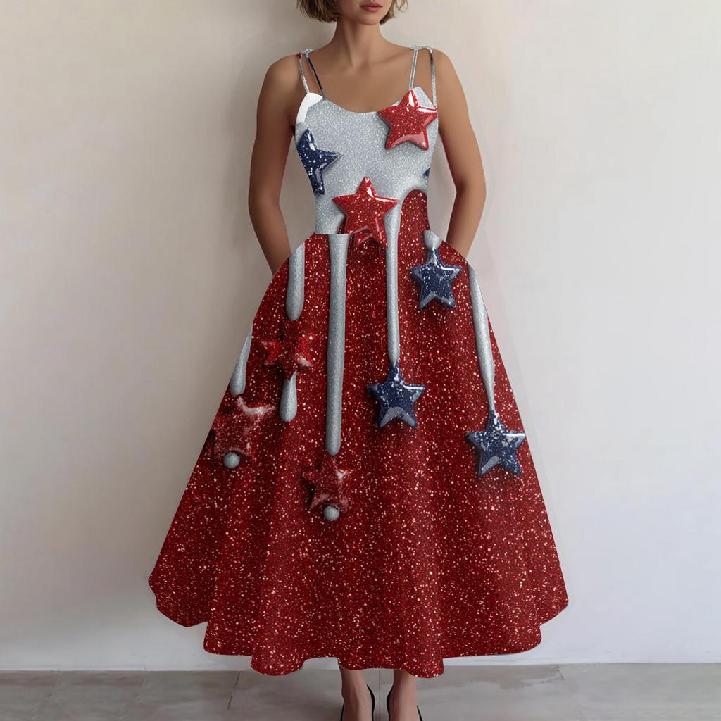 Damen Lässiges Mode Unabhängigkeitstag Druck Schulterfrei Ärmellos Kleid