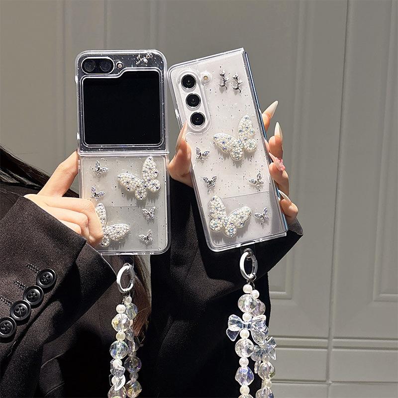Drip Pearl Butterfly For Samsung Zflip7 Phone Case Zflod6 Folding Flap Glitter Flower Girl