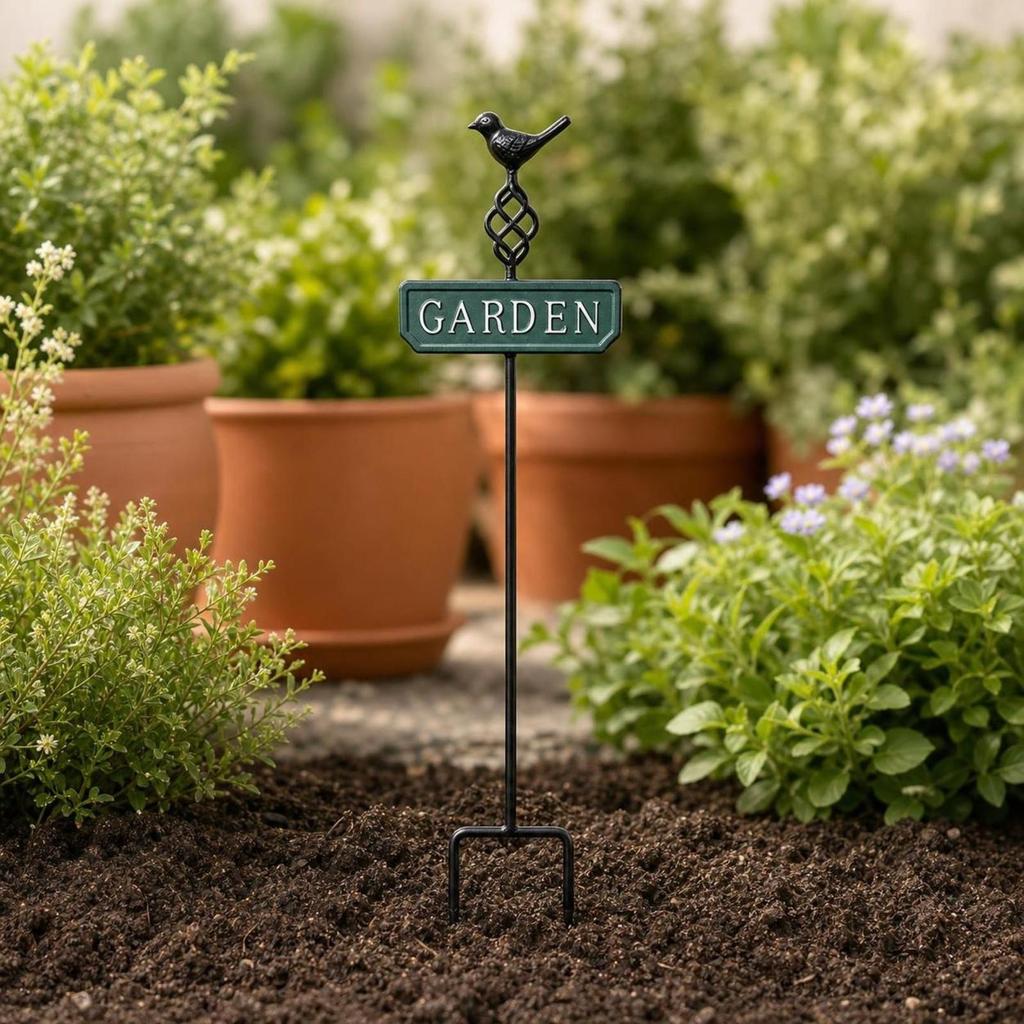 Garden Stake Sign with Bird Topper Sturdy Metal Decor High-Quality