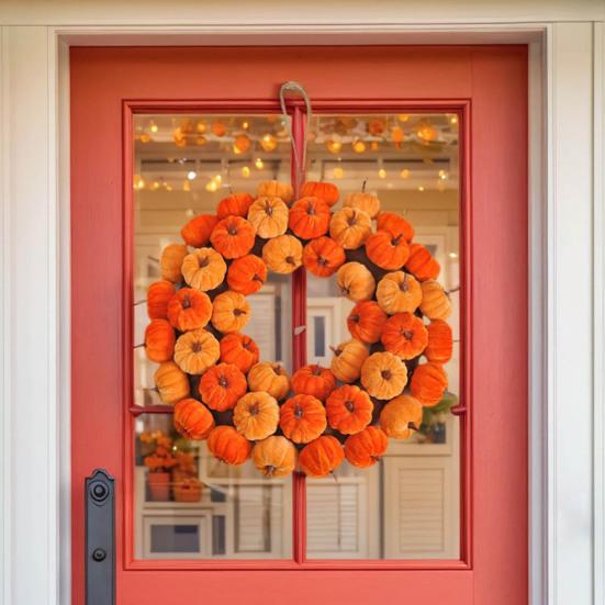 40CM Artificial Cloth Pumpkin Wreath Indoor Outdoor Front Door Wall Hanging Fake Pumpkin Garland Autumn Halloween Harvest Festival Decoration