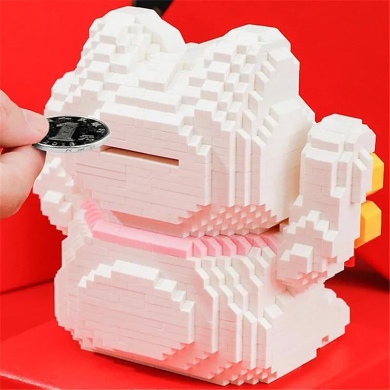 Funny Lucky Cat Building Blocks Toy The God of Wealth Auction Figures Brinquedos for Children Gift Adults Piggy Bank Present