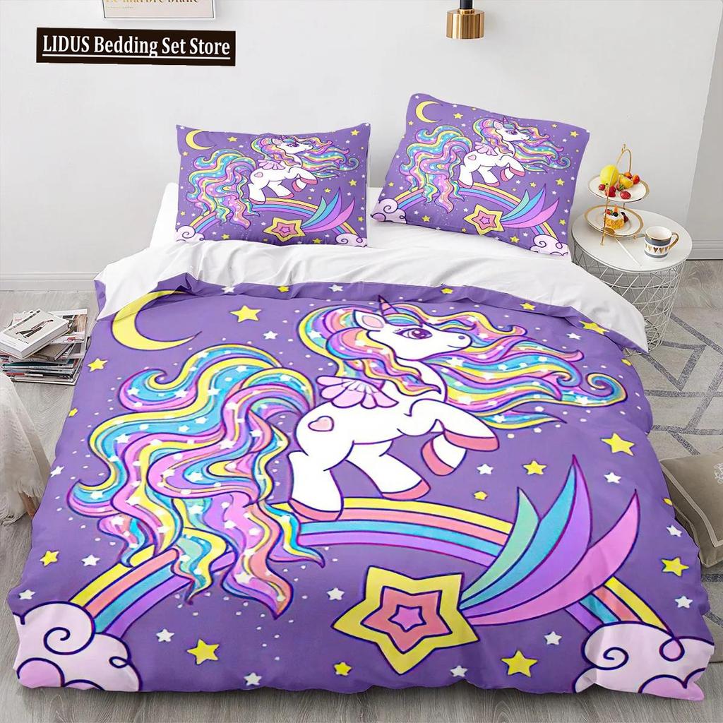 Cartoon Unicorn Duvet Cover King Queen Lovely White Mythical Animal Bedding Set Kids Girl Colorful Rainbow Polyester Quilt Cover