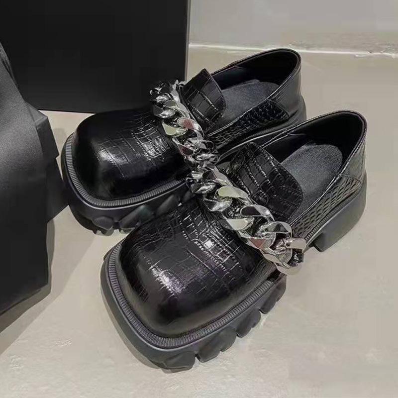 

Маленькие кожаные туфли женские весна и осень новая цепочка узор крокодила стиль колледжа Мэри Джейн платформа лоферы одинарные туфли 40