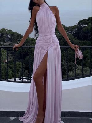 Europäische und Amerikanische Damenmode Rückenfreies Neckholder-Kleid mit Schlitz und Großem Schwingenden Rock