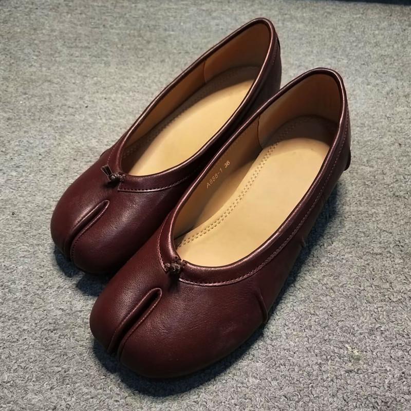 Pleated Designer Split Toe Women Pumps Comfort Soft Leather 3.5cm Low Heeled Ballet Ballerina Casual Tabi Loafers Shoes