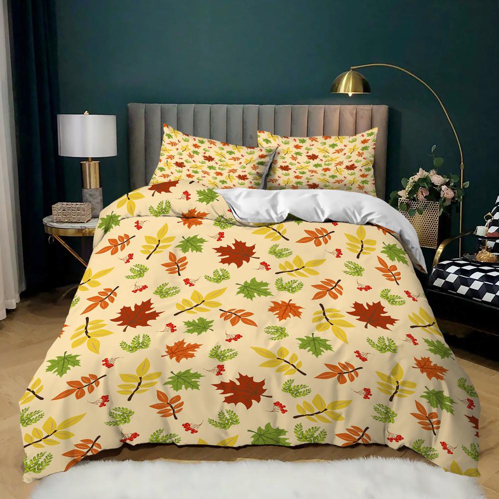 Leaf Flower Print Three-Piece Kit Quilt Cover Small And Fresh