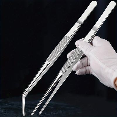 1pc Multifunctional Stainless Steel Tweezers, Straight & Elbow Tips, Non-Slip Grip, Extra Long Durable Food Clips for Outdoor Cooking, BBQ