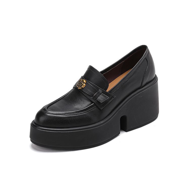 High-heeled leather platform loafers women's 2025 spring and autumn new pointed camellia slope heel cowhide single shoes waterproof table