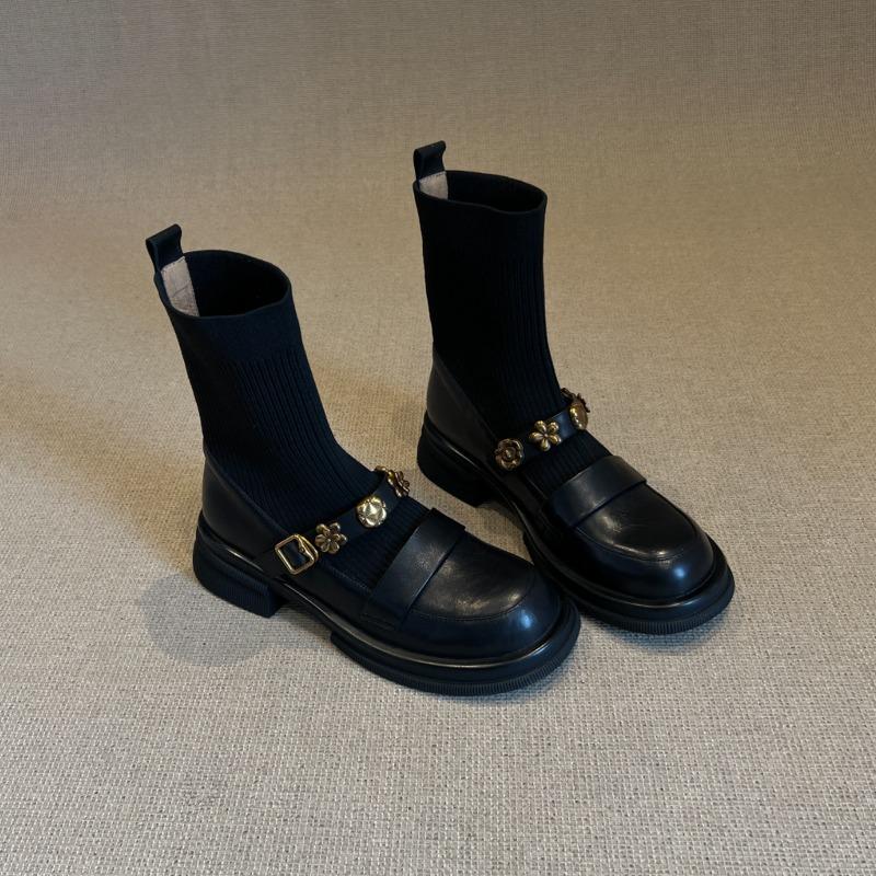 Thick-soled metal buckle elastic short boots retro college style knitted thin boots women's versatile loafers boots