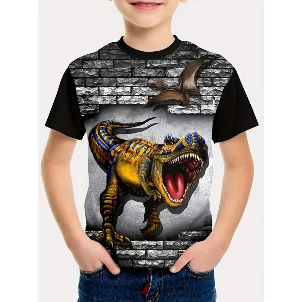 Summer Round Neck 3D Dinosaur Printed Top Fashionable Casual Short Sleeved Children's Boy T-shirts