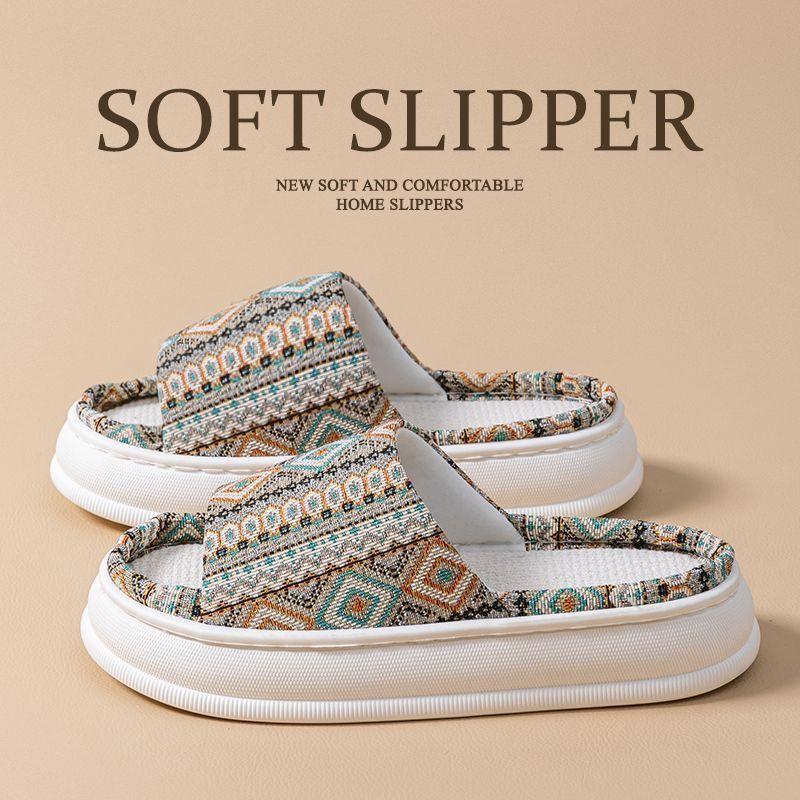 Ethnic style linen slippers home summer women's indoor household wooden floor non-slip breathable fabric cool slippers men