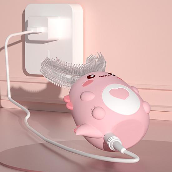 Kids U-Shaped Ultrasonic Electric Toothbrush with 2 Silicone Brush Heads IPX7 Waterproof Automatic Cartoon Dinosaur Toddlers Boys Girls Rechargeable