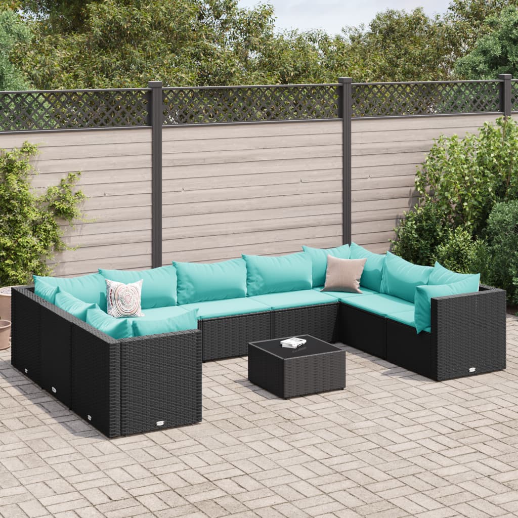 10 Piece Garden Lounge Set with Cushions Black Poly Rattan