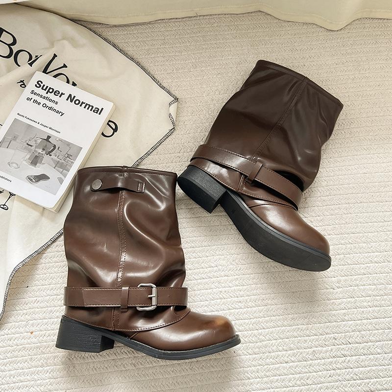 Western Cowboy Boots Women's Pleated Pile Boots Black Retro Coarse Heel Knight Boots Autumn and Winter Short Boots 2025 New