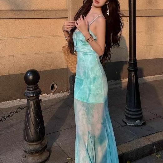 Mint green print mesh seaside vacation dress children summer sexy slim fit with suspenders fishtail dress